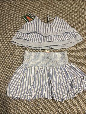 Blue & White Striped Two-Piece Tank and Skirt Set